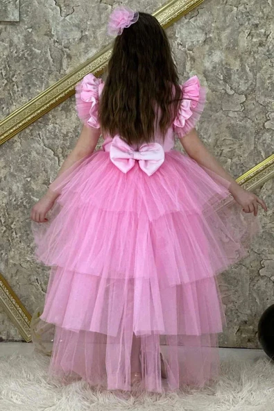 Kız Çocuk Üzeri Karlar Kraliçesi Digital Baskı Kat Kat Tüllü Pembe Elbise - Resim 3