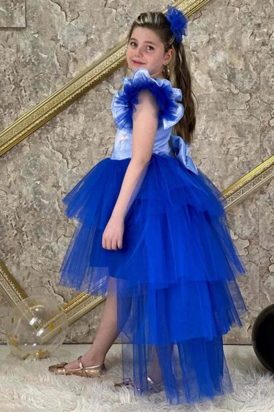 Kız Çocuk Üzeri Karlar Kraliçesi Digital Baskı Kat Kat Tüllü Lacivert Elbise - Resim 3