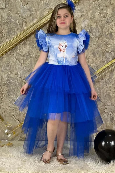 Kız Çocuk Üzeri Karlar Kraliçesi Digital Baskı Kat Kat Tüllü Lacivert Elbise ürün görseli