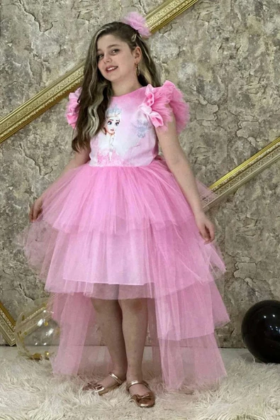 Kız Çocuk Üzeri Karlar Kraliçesi Digital Baskı Kat Kat Tüllü Pembe Elbise ürün görseli