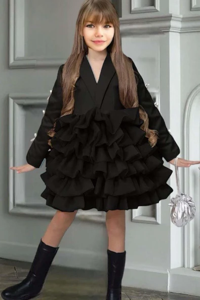 Kız Çocuk V Yaka Kesim Kolları Kurdele Detaylı Kat Kat Kumaş Kabarık Siyah Abiye ürün görseli