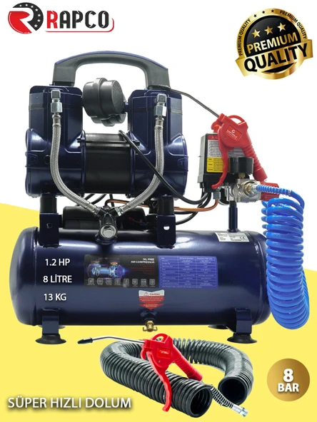 Germany Style Rapco 8 Litre Yağsız Süper Hızlı Dolum Sessiz Hava Kompresörü 8 Metre Hortum Tabanca - 3