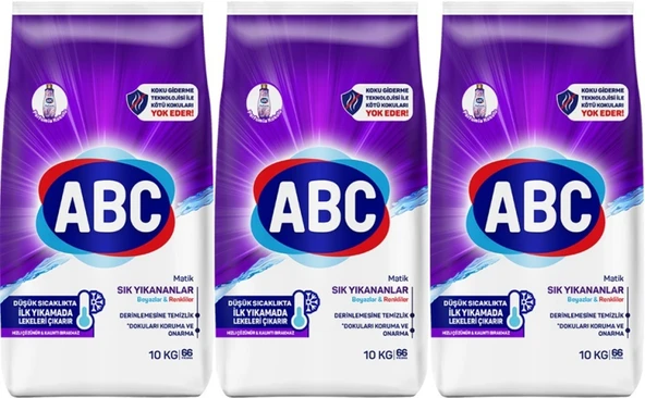 Abc Matik Toz Çamaşır Deterjanı 30KG (3PK*10KG) Sık Yıkananlar Beyazlar & Renkliler (198 Yıkama)