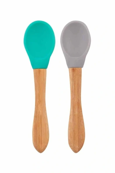 Nessiworld  Bambu Saplı Silikon Mama Kaşığı 2li Aqua Green / Powder Grey