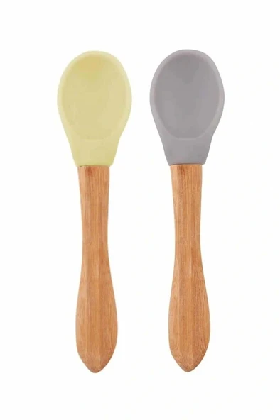 Nessiworld  Bambu Saplı Silikon Mama Kaşığı 2li Mellow Yellow / Powder Grey
