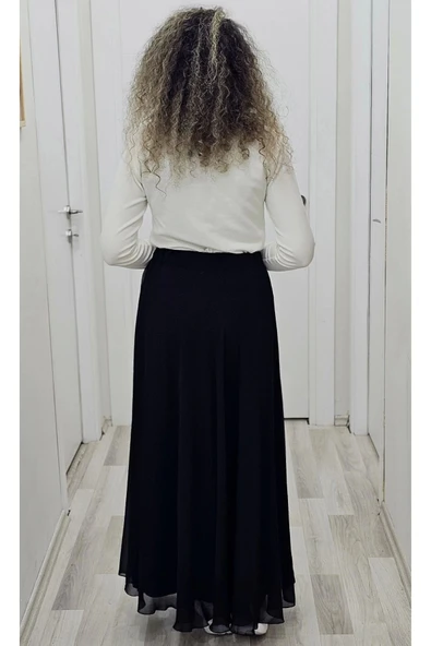Bel Lastikli Kloş Şifon Etek 6003-Siyah - 5