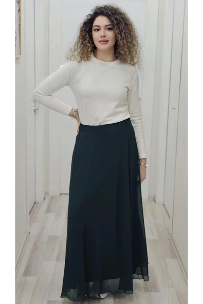 Bel Lastikli Kloş Şifon Etek 6003-Yeşil - 2