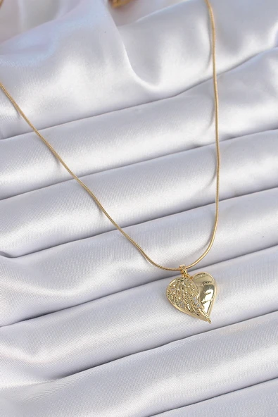 316L Çelik Zincir Gold Renk Zirkon Taşlı Kalp Kanat İşlemeli Kadın Kolye - TJ-BKO9340 - 2