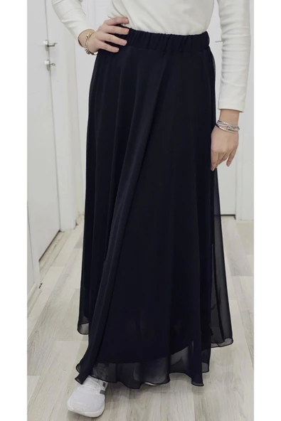 Bel Lastikli Kloş Şifon Etek 6003-Siyah - 4