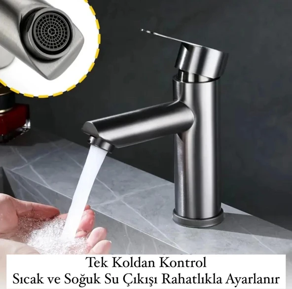 Ev Banyo Lavabo Batarya Paslanmaz Çelik Tek Kollu Sıcak Soğuk Ayarlı Modern - 3
