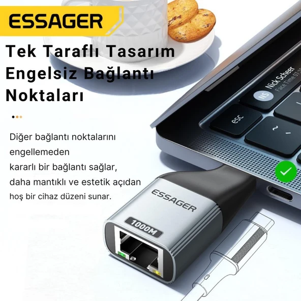 Essager 1000Mbps Type-C to RJ45 Dönüştürücü, Gecikmesiz Süper Hızlı Type C To Ethernet Çevirici - Resim 2