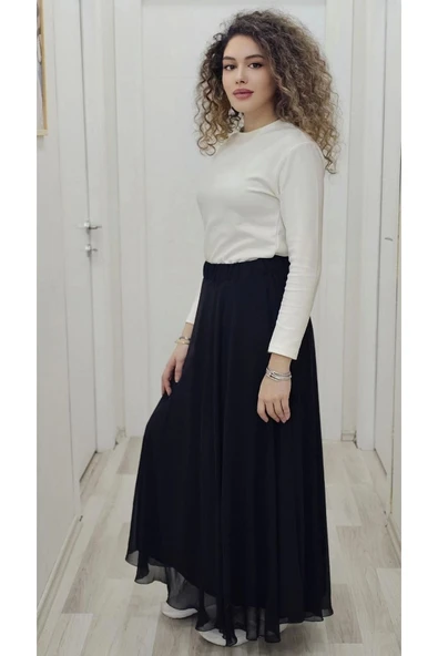 Bel Lastikli Kloş Şifon Etek 6003-Siyah - 3