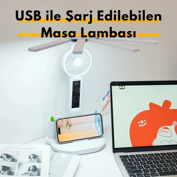TechTic 8in1 Fanlı Masa Lambası 4 Başlı Lamba Saat Takvim Derece Kalemlik Telefon Tutucu Fan Lamba - 5