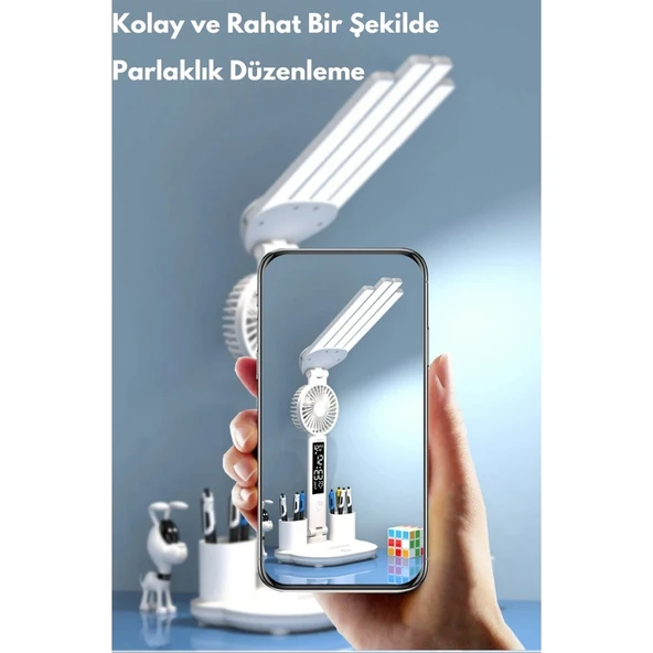 TechTic 8in1 Fanlı Masa Lambası 4 Başlı Lamba Saat Takvim Derece Kalemlik Telefon Tutucu Fan Lamba - 10