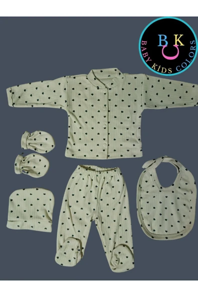 BABY KİDS COLORS Fitilli kumaşa 5'li Kalp baskılı hastahane çıkışı Kutulu - 6