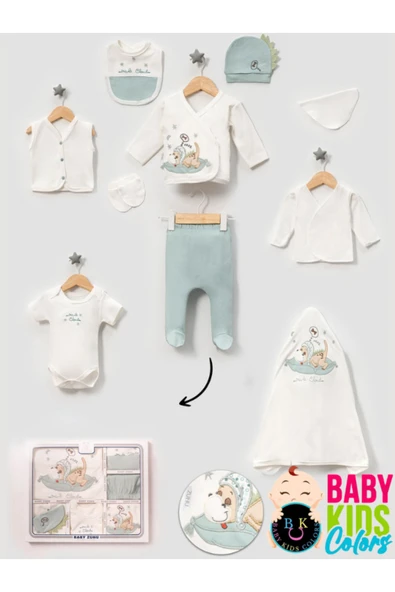 BABY KİDS COLORS Kutulu - Erkek Yenidoğan Kıyafetleri 10'lu Hastane Çıkış Setleri Sevimli Köpek Nakışlı %100 Pamuk