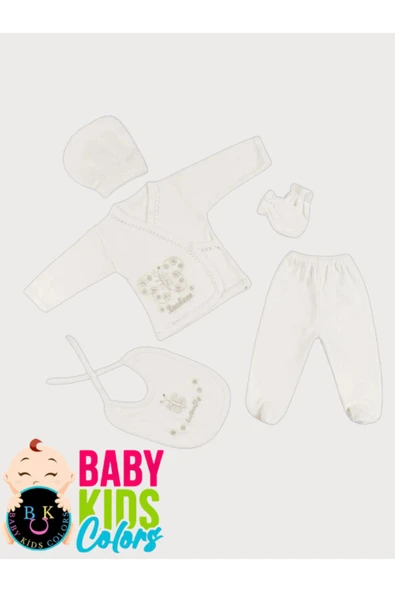 BABY KİDS COLORS Kelebek nakışlı taşlı hastahane çıkışı yenidoğan zıbın 5'li set