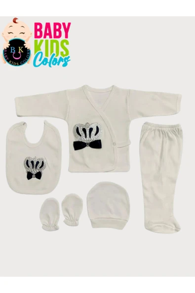BABY KİDS COLORS Taşlı nakışlı Erkek 5'li hastahane çıkışı yenidoğan zıbın seti - 2
