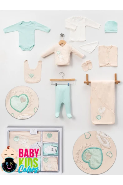 BABY KİDS COLORS Lüks Tavşan Nakışlı Yeni Doğan Hastane Çıkış 10'lu Zıbın Seti (KUTULU)