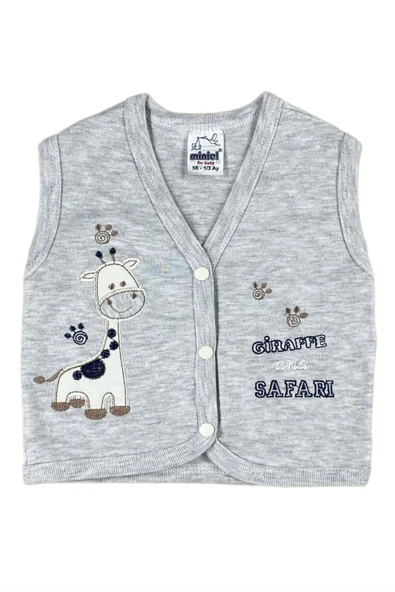 BABY KİDS COLORS Erkek Bebek Zürafa Nakışlı Organik Pamuklu 3-6-9 Ay Penye Yelek Gri
