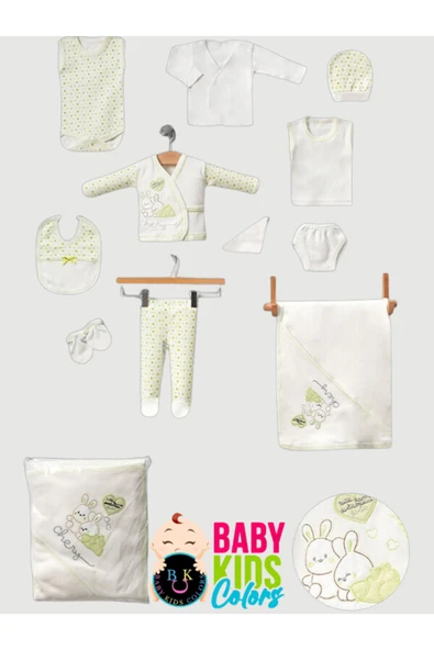 BABY KİDS COLORS 11 Parça Tavşan Nakışlı Hastane Çıkışı Yeni Doğan Zıbın Set
