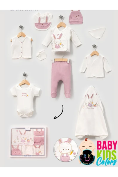BABY KİDS COLORS Kutulu-Tavşan Yenidoğan Kıyafetleri 10'lu Hastane Çıkış Setleri Nakışlı %100 Pamuk Zıbın Set