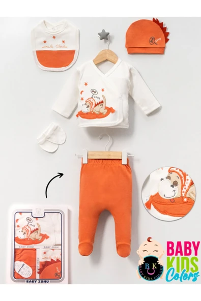 BABY KİDS COLORS Kutulu - Erkek Yenidoğan Kıyafetleri 5'li Hastane Çıkış Setleri Sevimli Köpek Nakışlı %100 Pamuk