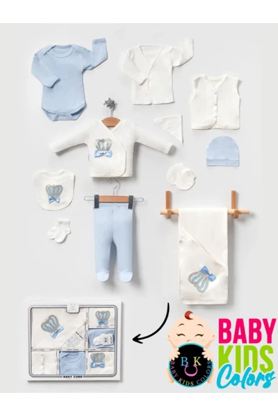 BABY KİDS COLORS Lüks Taşlı Yeni Doğan Hastane Çıkış 10'lu Zıbın Seti (KUTULU)