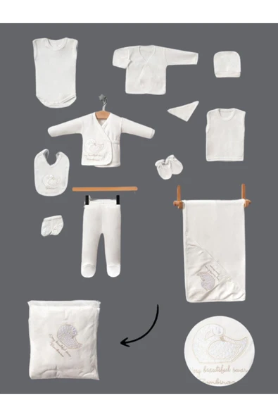 BABY KİDS COLORS Unisex 11 Parca Yeni Doğan Hastane Çıkışı Zıbın Set Kuğu Nakışlı - 4