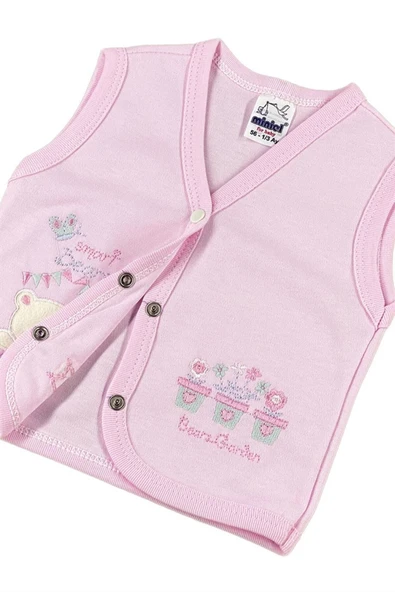 BABY KİDS COLORS Kız Bebek Saksılı Ayıcık Nakışlı Organik Pamuklu 3-6-9 Ay Penye Bebek Yelek - Pembe - 2