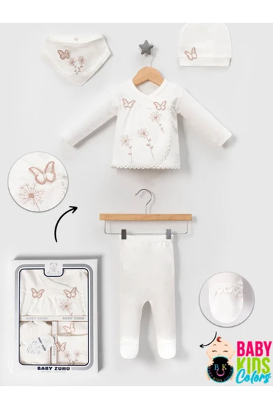 BABY KİDS COLORS Lüks Kelebek Yeni Doğan Hastane Çıkış 5'li Zıbın Seti (KUTULU)