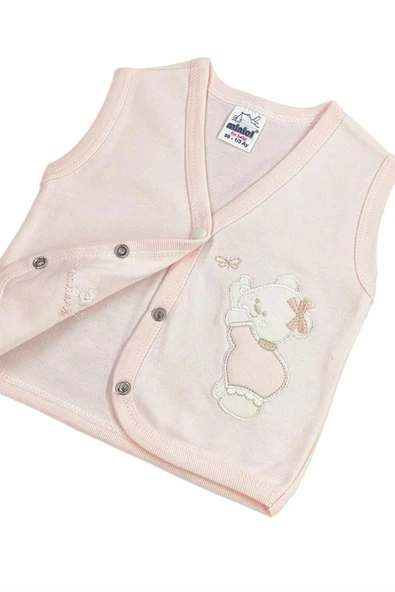 BABY KİDS COLORS Kız Bebek Ayıcık Nakışlı Organik Pamuklu 3-6-9 Ay Penye Bebek Yelek - Somon - 2