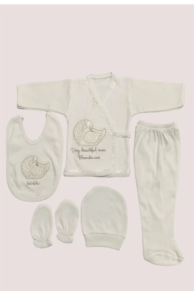 BABY KİDS COLORS Kuğu nakışlı taşlı hastahane çıkışı yenidoğan zıbın 5'li set - 3