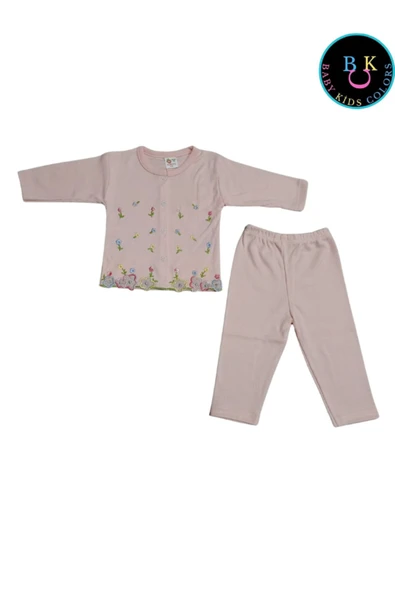 BABY KİDS COLORS Çiçek nakışlı kız ikili takım fitilli kumaş