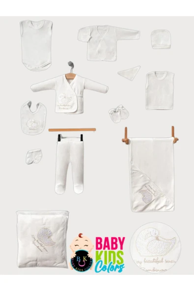 BABY KİDS COLORS Unisex 11 Parca Yeni Doğan Hastane Çıkışı Zıbın Set Kuğu Nakışlı