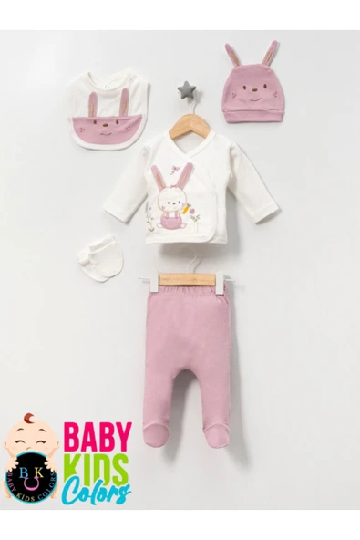 BABY KİDS COLORS Kutulu-Tavşan Yenidoğan Kıyafetleri 5'lİ Hastane Çıkış Setleri Nakışlı %100 Pamuk Zıbın Set