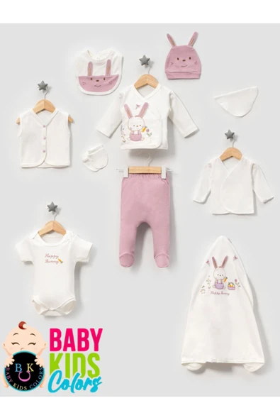 BABY KİDS COLORS Kutulu-Tavşan Yenidoğan Kıyafetleri 10'lu Hastane Çıkış Setleri Nakışlı %100 Pamuk Zıbın Set - 4