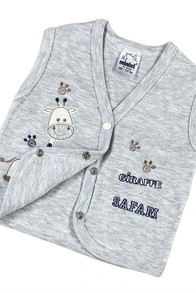 BABY KİDS COLORS Erkek Bebek Zürafa Nakışlı Organik Pamuklu 3-6-9 Ay Penye Yelek Gri - 2