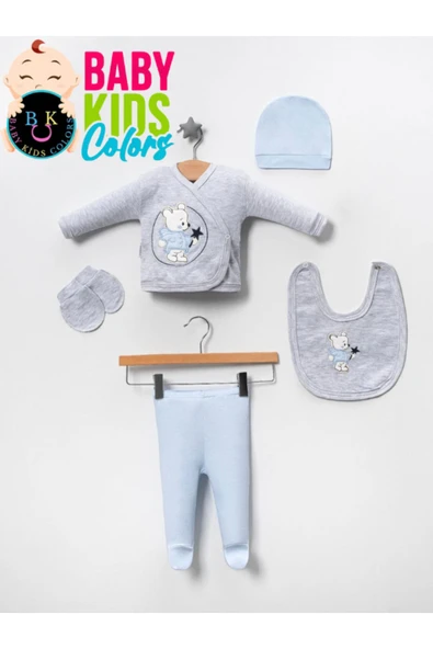 BABY KİDS COLORS Gri Yıldızlı Ayıcık Lüks Hastahane Çıkışı 5'li Zıbın Seti Kutulu