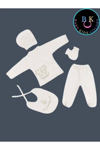 BABY KİDS COLORS Kelebek nakışlı taşlı hastahane çıkışı yenidoğan zıbın 5'li set - 3