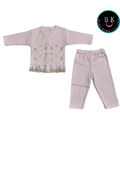 BABY KİDS COLORS Çiçek nakışlı kız ikili takım fitilli kumaş