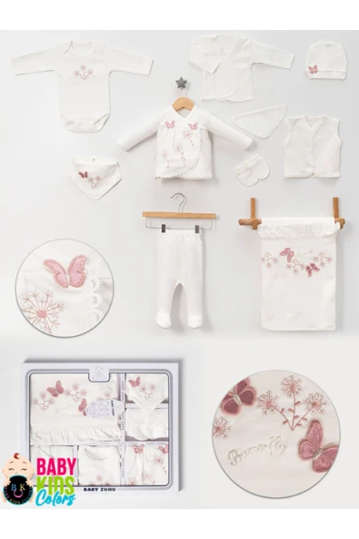 BABY KİDS COLORS Lüks Kelebek Yeni Doğan Hastane Çıkış 10'lu Zıbın Seti (KUTULU)