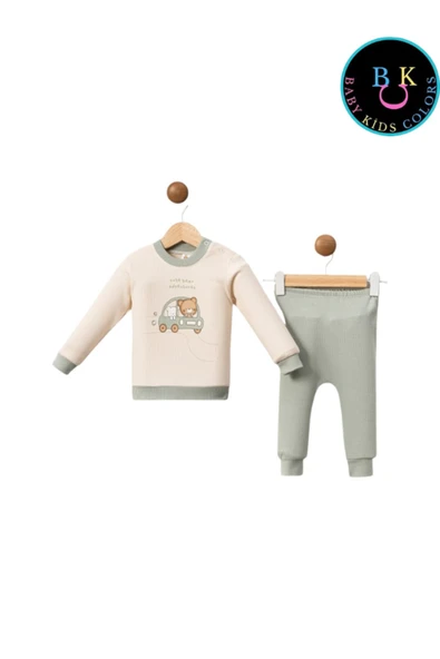 BABY KİDS COLORS Araba baskılı fitilli kumaş ikili takım