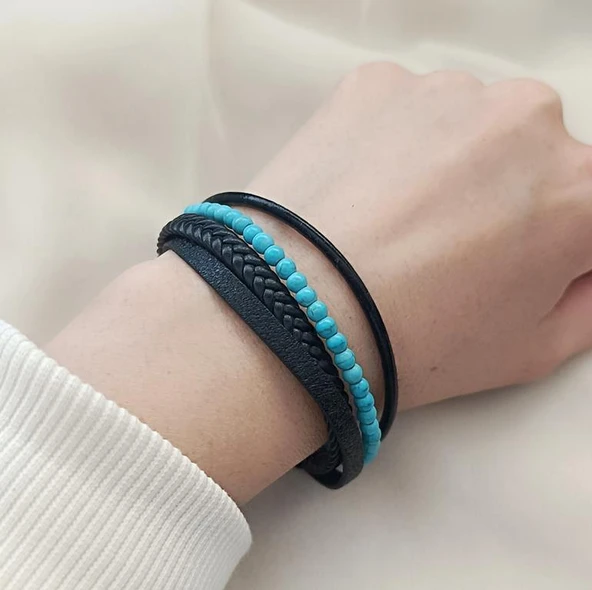 Doğaltaş Deri Bileklik Turkuaz Taşı Unisex (20 cm) Örgü Çoklu Bilezik - 2