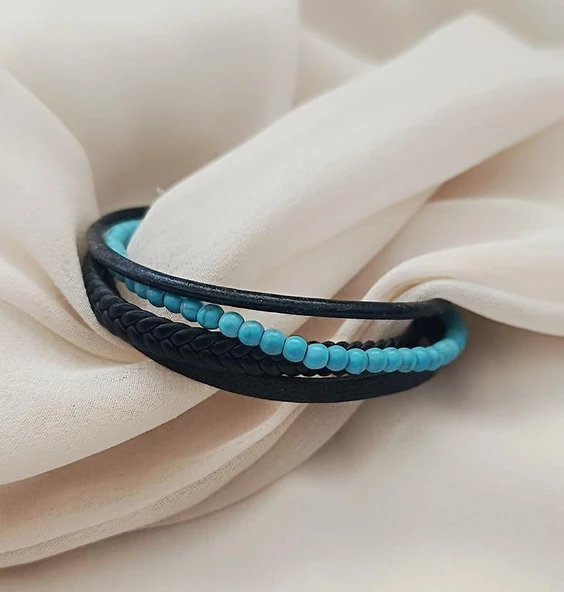 Doğaltaş Deri Bileklik Turkuaz Taşı Unisex (20 cm) Örgü Çoklu Bilezik