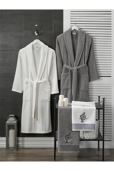 Unisex 4'lü Bornoz Set Nakışlı Baş Havlulu Çeyiz Seti Hamam Seti Banyo Seti  %100 Pamuk