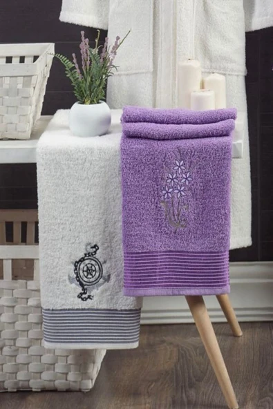 Unisex 4'lü Bornoz Set Nakışlı Baş Havlulu Çeyiz Seti Hamam Seti Banyo Seti  %100 Pamuk - 2