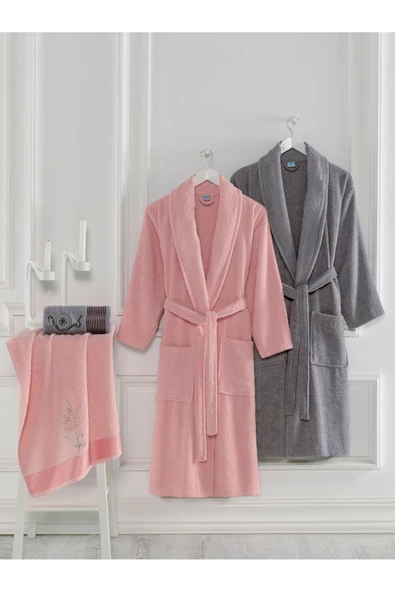 Unisex 4'lü Bornoz Set Nakışlı Baş Havlulu Çeyiz Seti Hamam Seti Banyo Seti  %100 Pamuk