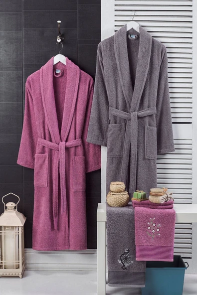 Unisex 4'lü Bornoz Set Nakışlı Baş Havlulu Çeyiz Seti Hamam Seti Banyo Seti  %100 Pamuk