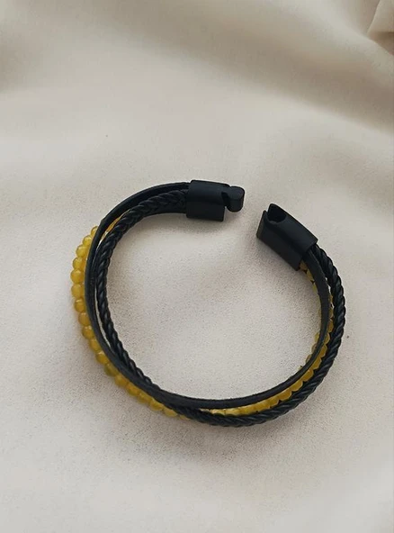 Doğaltaş Deri Bileklik Sarı Ceyt Taşı Unisex (20.5 ) Örgü Çoklu Bilezik - 3